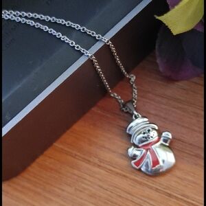 Silver Steel Christmas Snowman Pendant Necklace